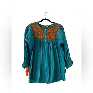 Vibrant Teal and Orange Embroidered Women's Blouse sister Mary boho tunic